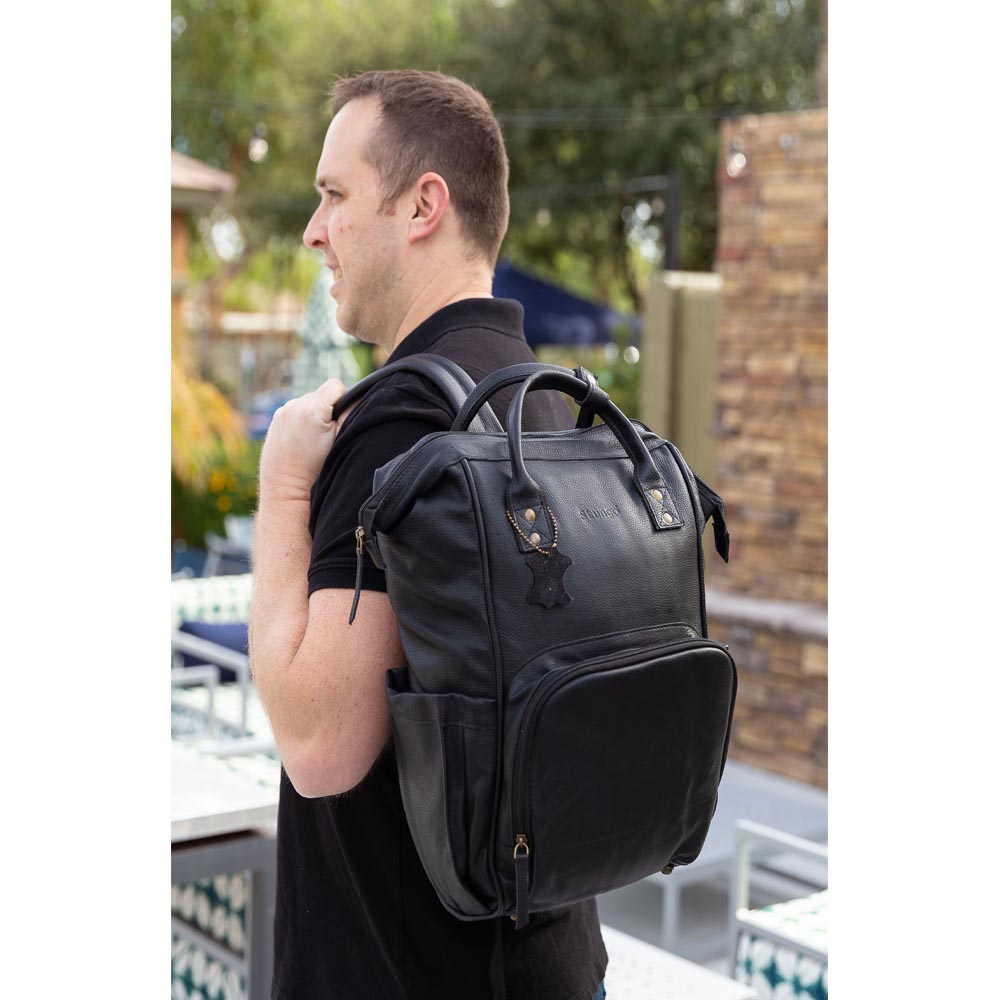 Large Black Leather Diaper Bag Knapsack