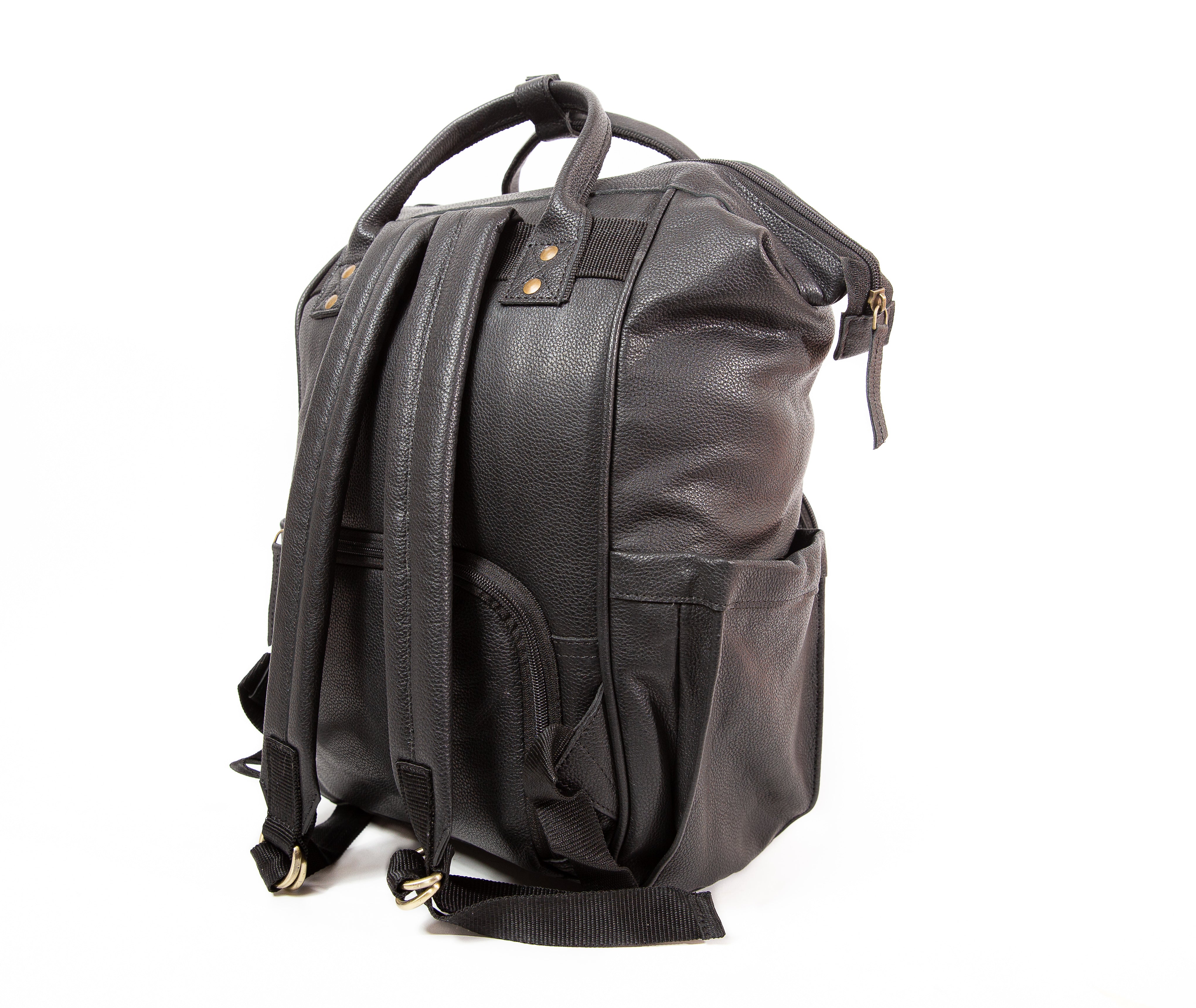 Large Black Leather Diaper Bag Knapsack