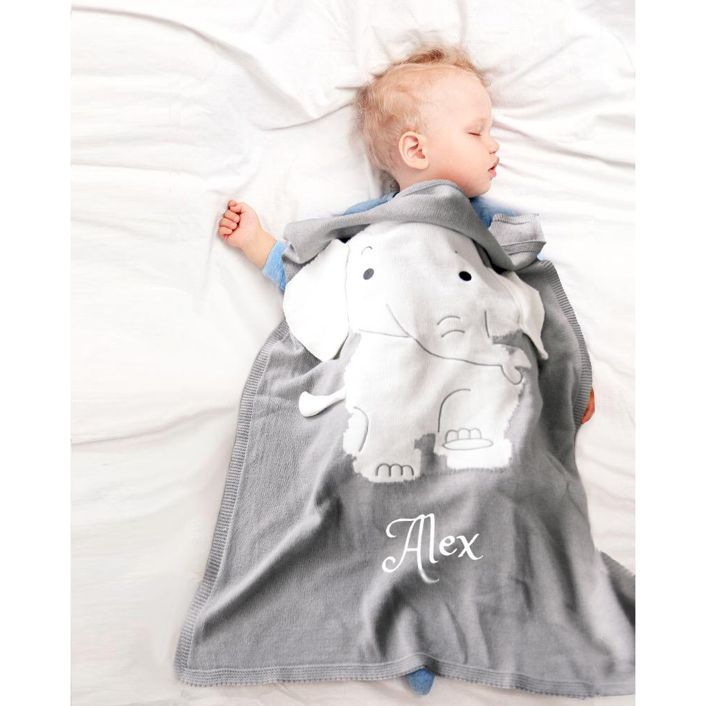 Personalized Knitted 100% Cotton Elephant 3D Blanket -Grey