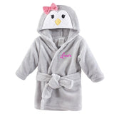 Personalized Plush Baby Bathrobe -Grey pink Penguin