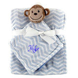 Personalized Animal Blanket & security blanket Set For Baby - Blue Monkey