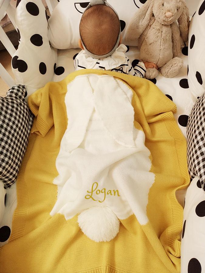 Personalized Knitted 100% Cotton Rabbit Blanket -Mustard