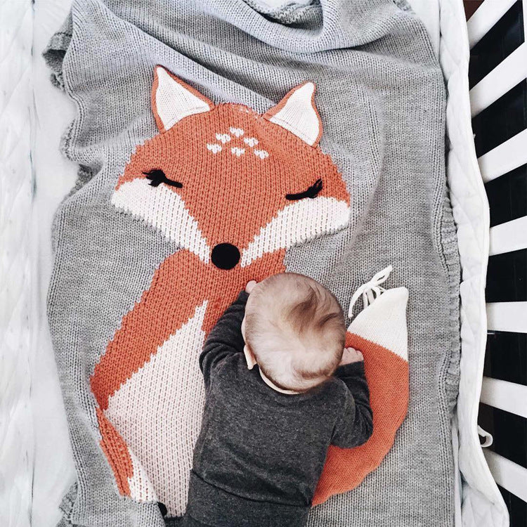 Personalized Knitted 100% Cotton FOX Blanket -Grey
