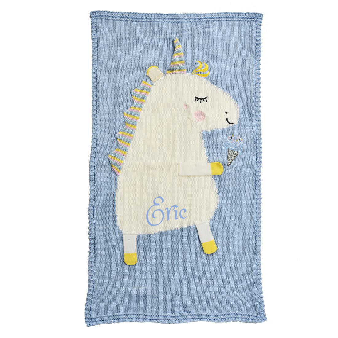 Personalized Knitted 100% Cotton Blue unicorn Blanket