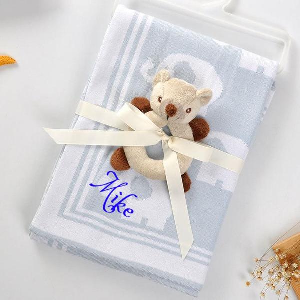 Personalized Knitted Blanket & Rattle Set For Baby HEARTS