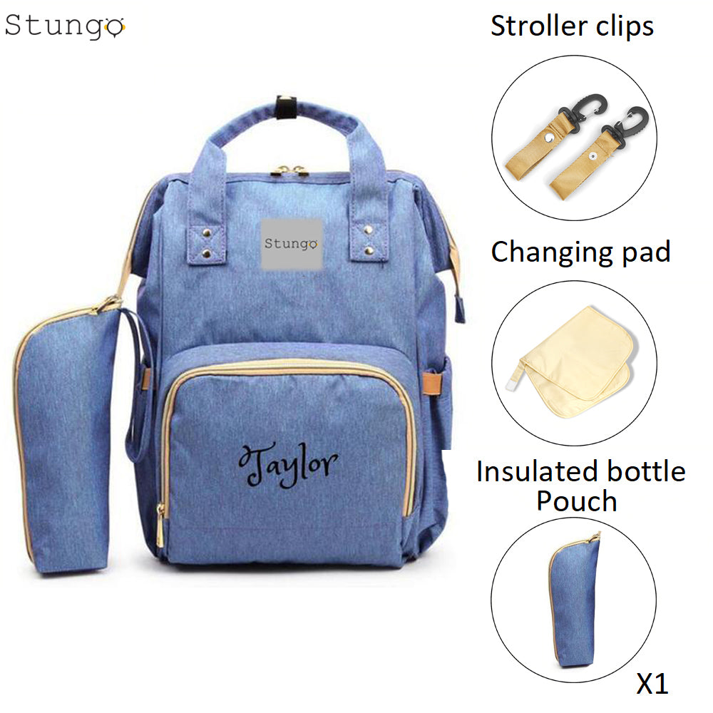 Personalized Large Diaper Bag Knapsack set -Blue Cosmetic Purse Included