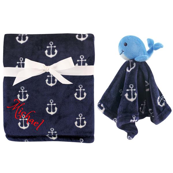 Personalized Animal Blanket & security blanket Set For Baby - Blue WHALE