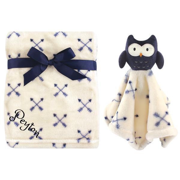 Personalized Animal Blanket & security blanket Set For Baby - Blue owl
