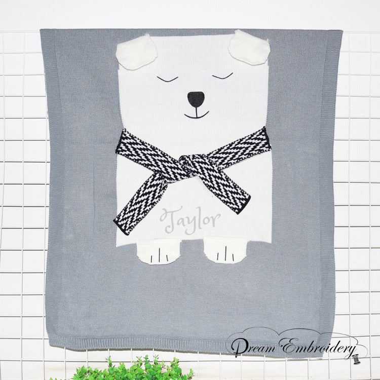 Personalized Knitted 100% Cotton Bear Blanket -Grey