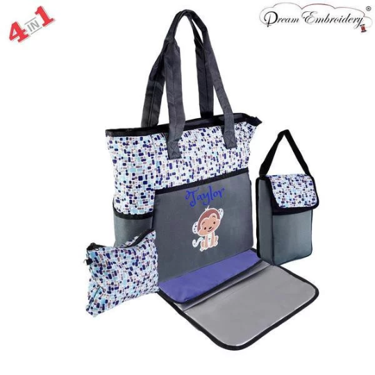 Personalized 4 in 1 Diaper Bag set - Blue Monkey Changing Pad & Cosmetic Purse Included