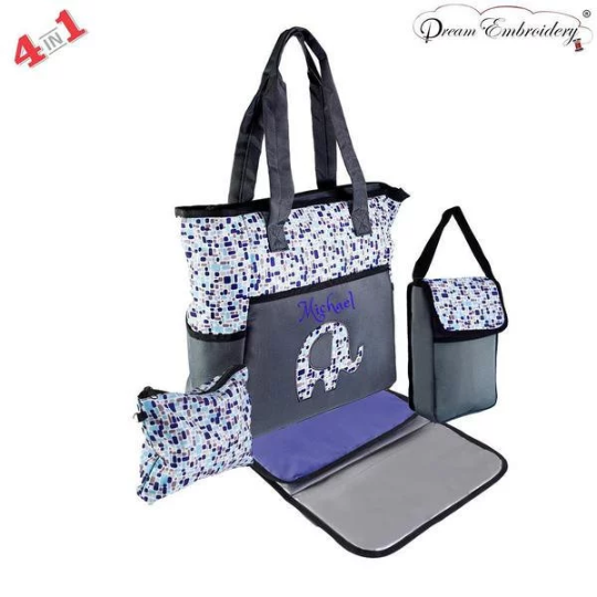 Personalized 4 in 1 Diaper Bag set - Blue Elephant Changing Pad & Cosmetic Purse Included