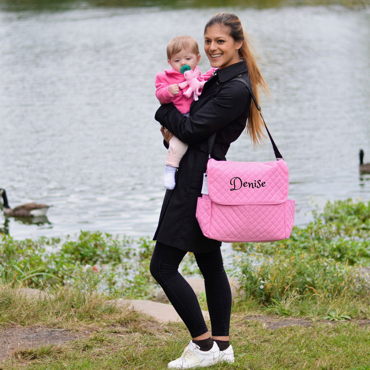 Personalized Quilted Messenger diaper bag -Pink