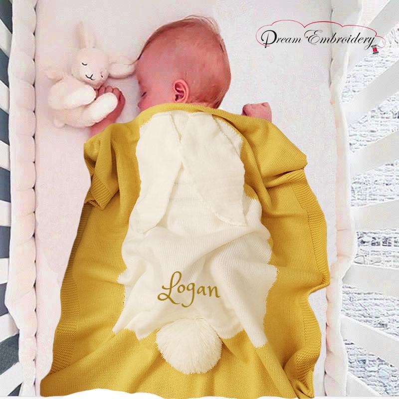 Personalized Knitted 100% Cotton Rabbit Blanket -Mustard